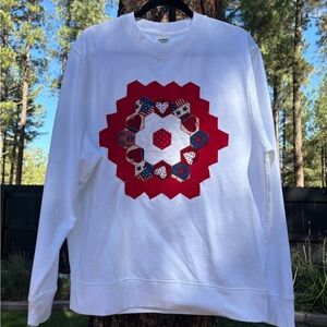 Patriotic Upcycle/Hearts Makers Market White Sweater with Red Geometric Design